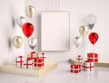 Interior mock up scene with red and gold gift boxes and balloons. Realistic glossy 3d objects for birthday party or promo posters Royalty Free Stock Photo