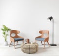Interior mock up with two chairs, wooden floor, in living room with raw concrete wall loft style ,japanese minimal style