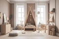 Interior mockup of a children\'s bedroom in a Scandinavian style. Royalty Free Stock Photo