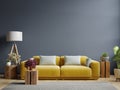 Interior mockup dark blue wall with yellow sofa and decor in living room Royalty Free Stock Photo