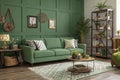 Interior mockup of green wall with green sofa and decor Royalty Free Stock Photo