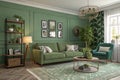 Interior mockup with green wall and sofa Royalty Free Stock Photo