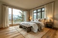 Interior model or mockup with large bed in modern minimalistic bedroom, panoramic windows with view of nature, luxury