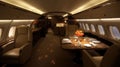 Interior of a modern airplane with seats and tables in a restaurant. Flying in first class. Business flights. Private plane. Comme Royalty Free Stock Photo