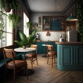 Interior of modern bar with green walls, wooden floor, bar counter with stools and green plants. 3d render