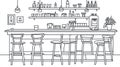 Bar counter line art, cafe interior design, outline drawing Royalty Free Stock Photo