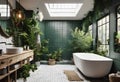 Interior of a modern bathroom with a bathtub and green plants. Royalty Free Stock Photo