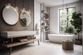 Interior of modern bathroom with gray walls, concrete floor, white bathtub and round mirror. Scandinavian style Royalty Free Stock Photo