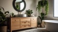 Interior of modern bathroom with houseplants, chest of drawers and mirror, generative ai Royalty Free Stock Photo