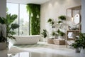 Interior of a modern bathroom with a large window and a variety of green plants Royalty Free Stock Photo