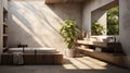 Interior of modern bathroom in luxury eco-style chalet. Stone-textured walls, freestanding bathtub, wall cabinet with