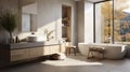 Interior of modern bathroom in luxury eco-style chalet. Stone-textured walls, freestanding bathtub, wall cabinet with