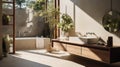 Interior of modern bathroom in luxury eco-style chalet. Stone-textured walls, freestanding bathtub, wall cabinet with