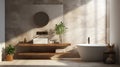 Interior of modern bathroom in luxury eco-style chalet. Stone-textured walls, freestanding bathtub, wall cabinet with