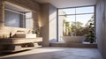 Interior of modern bathroom in luxury eco-style chalet. Stone-textured walls, freestanding bathtub, wall cabinet with