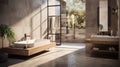 Interior of modern bathroom in luxury eco-style chalet. Stone-textured walls, freestanding bathtub, wall cabinet with