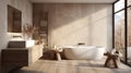 Interior of modern bathroom in luxury eco-style cottage. Grey textured walls, freestanding bathtub, wall cabinet with Royalty Free Stock Photo