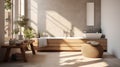 Interior of modern bathroom in luxury eco-style cottage. Grey textured walls, freestanding bathtub, wall cabinet with Royalty Free Stock Photo