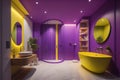 Interior of modern bathroom with purple and yellow walls, tiled floor, comfortable bathtub and mirror. generative ai