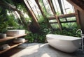 Interior of modern bathroom with white bathtub and green plants. Royalty Free Stock Photo