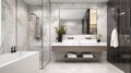 Interior of modern bathroom with white marble walls, tiled floor, comfortable bathtub and double sink. plants and big mirror Royalty Free Stock Photo