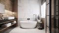 Interior of modern bathroom with white and wooden walls, tiled floor, white bathtub and round mirror. Scandinavian style Royalty Free Stock Photo