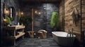 Interior of modern bathroom with wooden walls, tiled floor, bathtub. Rustic, minimalistic style Royalty Free Stock Photo