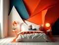 Interior of a modern bedroom with bright and vivid walls and flooring, AI-generated. Royalty Free Stock Photo