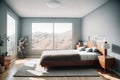 Interior of modern bedroom with comfortable king size bed and window with countryside view. Generative AI