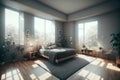 Interior of modern bedroom with comfortable king size bed and window with countryside view. Generative AI