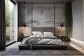 Interior of modern bedroom with concrete wall, wooden floor and grey master bed