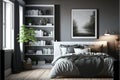 Interior of a modern bedroom with gray walls, a wooden floor, a double bed and a bookcase. A horizontal poster frame above the bed Royalty Free Stock Photo