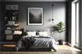 Interior of a modern bedroom with gray walls, a wooden floor, a double bed and a bookcase. A horizontal poster frame above the bed Royalty Free Stock Photo