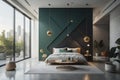 Interior of modern bedroom with green walls, concrete floor, comfortable king size bed with golden bedside table and coffee table Royalty Free Stock Photo