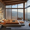 Interior of a modern bedroom with a large window overlooking the mountains. 3D rendering Royalty Free Stock Photo
