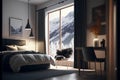 Interior of modern bedroom with mountains view, 3D Rendering Royalty Free Stock Photo