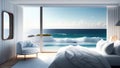 Interior of modern bedroom with sea view. 3D Rendering Royalty Free Stock Photo