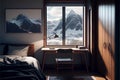 Interior of a modern bedroom with a view on the mountains. 3d rendering Royalty Free Stock Photo