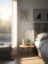 Modern room interior with comfortable bed, lamp and plants on wooden table Royalty Free Stock Photo