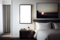 Interior of modern bedroom with white walls, comfortable king-size bed and two vertical mockup posters. AI Generative Royalty Free Stock Photo