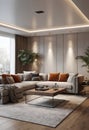 interior of modern bright living room with grey sofa 3d render Royalty Free Stock Photo