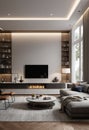 interior of modern bright living room with grey sofa 3d render Royalty Free Stock Photo