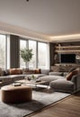 interior of modern bright living room with grey sofa 3d render Royalty Free Stock Photo