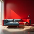 Interior of modern bright living room with red walls, concrete floor, red sofa and round coffee table. generative ai Royalty Free Stock Photo