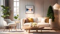 Interior of a modern bright living room with a white sofa, romantic light colors, lots of cute details creating a cozy atmosphere, Royalty Free Stock Photo