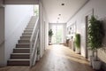 Interior of modern bright living room with white walls, wooden floor and white staircase. Scandinavian style Royalty Free Stock Photo