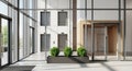 Modern building lobby with elevators, glass walls, and indoor plants interior office Royalty Free Stock Photo