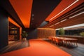 Interior of modern cafe with red and black walls, wooden floor, bar counter with chairs and orange carpet. generative ai