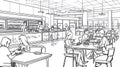 Clean Line Art of Students Eating in a Bright Cafeteria, Food Service Line, Tables Royalty Free Stock Photo