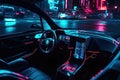 The interior of a modern car in a cyberpunk style is a futuristic blend of sleek lines, neon lighting, and high-tech Royalty Free Stock Photo